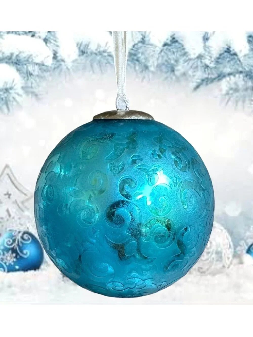 Vintage Large Aqua Blue Christmas Ornament Winter Snow Nostalgic White Ribbon